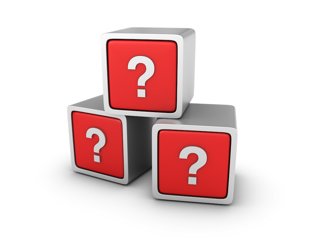Three red blocks with white question marks and white background. Representing FAQs about whole home generator installation.